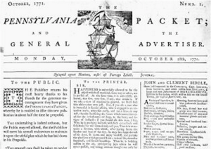 Pennsylvania Packet October 28, 1771 details of Asbury's ships and Atlantic Crossing