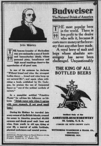 August 1908 John Wesley and Budweiser Beer Ad